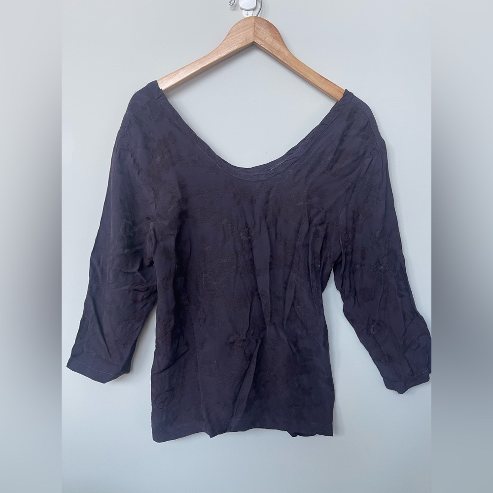 CP Shades | Purple Floral Embroidered V Neck 3/4 Sleeve Blouse Top Lagenlook Art - Picture 2 of 6